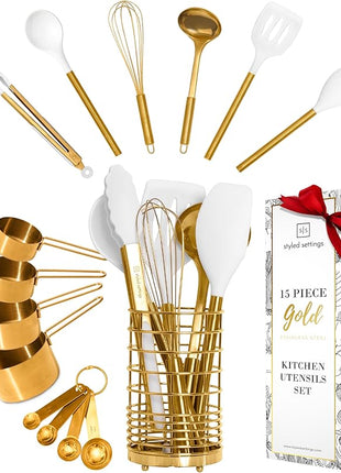 Styled Settings White and Gold Cooking Utensils Set with Holder - 15-Piece Silicone Cooking Tools with Utensil Holder, Measuring Cups, and Spoons - Elegant White and Gold Kitchen Accessories