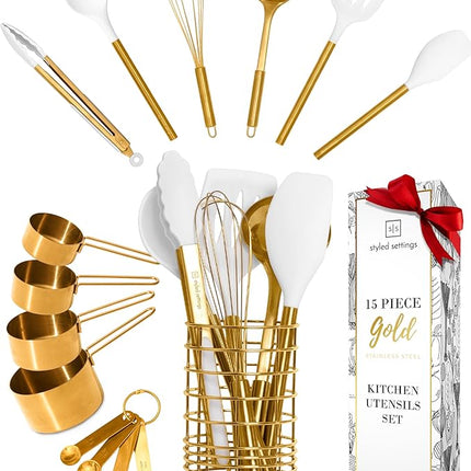 Styled Settings White and Gold Cooking Utensils Set with Holder - 15-Piece Silicone Cooking Tools with Utensil Holder, Measuring Cups, and Spoons - Elegant White and Gold Kitchen Accessories