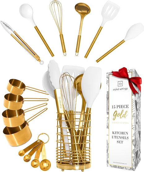 Styled Settings White and Gold Cooking Utensils Set with Holder - 15-Piece Silicone Cooking Tools with Utensil Holder, Measuring Cups, and Spoons - Elegant White and Gold Kitchen Accessories