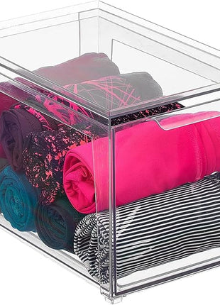 mDesign Plastic Stackable Closet Storage Organizer Bins with Pull Out Drawer for Cabinet, Desk, Shelf, Cupboard, or Dresser Organization - Lumiere Collection - Clear