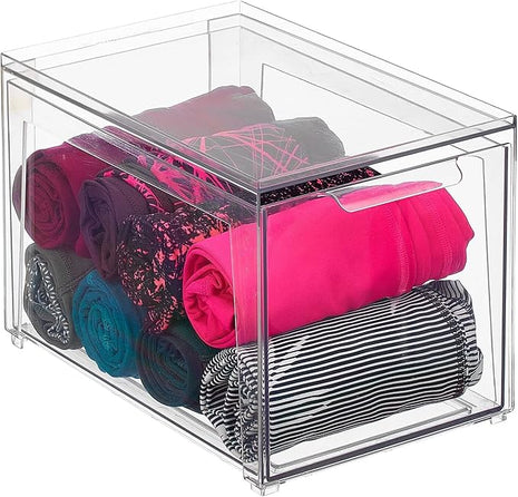mDesign Plastic Stackable Closet Storage Organizer Bins with Pull Out Drawer for Cabinet, Desk, Shelf, Cupboard, or Dresser Organization - Lumiere Collection - Clear