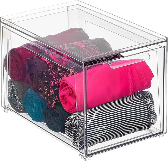 mDesign Plastic Stackable Closet Storage Organizer Bins with Pull Out Drawer for Cabinet, Desk, Shelf, Cupboard, or Dresser Organization - Lumiere Collection - Clear