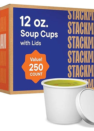 Stack Man Paper Food Container with Lid, Insulated Food Cups with Vented Lids - Hot or Cold To Go Soup Cup, for Soups, Ice Cream and Yogurt - Eco-Friendly - White