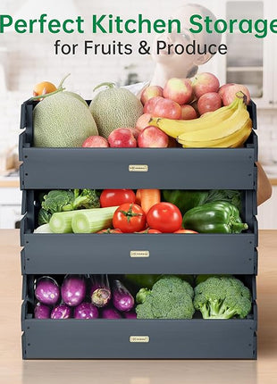 HABAU Wood Potato Onion Storage Bins - Wooden Stackable Produce Basket - Fruit Vegetable Storage for Kitchen Pantry Organization, Set 3 Pieces