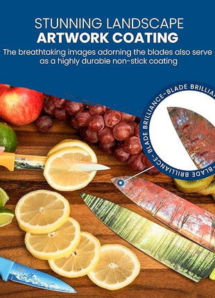 CHEF'S VISION Landscape Knife Set - 6-Piece Stainless Steel Cutting Knives Set for Kitchen with Stunning Nature Scenes - Perfect House Warming Gift for Women or Men - Unique Kitchen Knife Set Gift