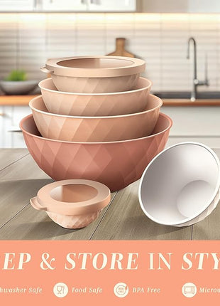 COOK WITH COLOR Mixing Bowls with Lids - 12 Piece Plastic Nesting Bowls Set includes 6 Prep Bowls and 6 Lids, Diamond Design - Microwave Safe, Orange