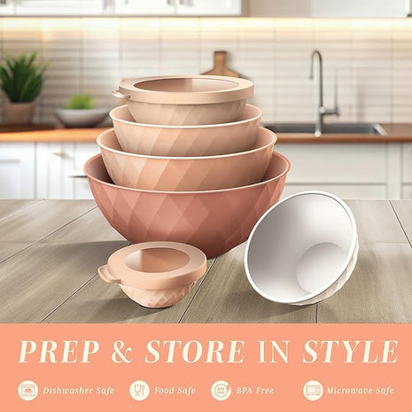COOK WITH COLOR Mixing Bowls with Lids - 12 Piece Plastic Nesting Bowls Set includes 6 Prep Bowls and 6 Lids, Diamond Design - Microwave Safe, Orange
