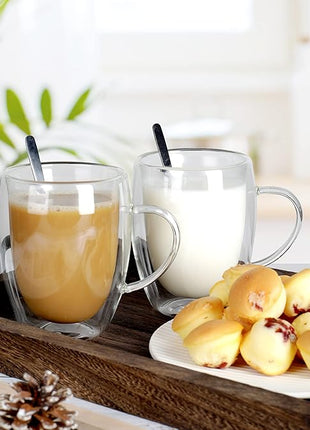 LIBWYS 6 Pack Double Walled Coffee Cups Glasses Mugs, 12oz Espresso Cappuccino Latte Tea Cups with Handle, Heat Resistant Borosilicate Clear Glasses 350ml