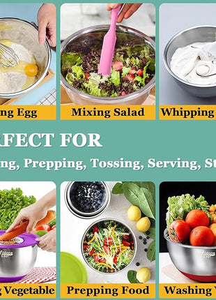 Wildone Mixing Bowls with Airtight Lids, 22 PCS Stainless Steel Mixing Bowls Set, 3 Grater Attachments, Measurement Marks & Non-Slip Bottom, Size 5, 4, 3, 2,1.5, 0.63QT, Ideal for Mixing & Prepping