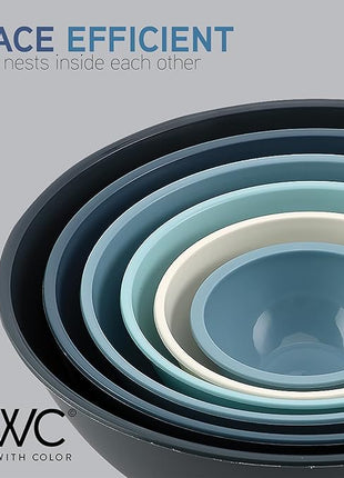 COOK WITH COLOR Mixing Bowls with Non Slip Bottom - 12 Piece Plastic Nesting Bowls Set includes 6 Prep Bowls and 6 Tritan Lids - Microwave Safe (Blue)
