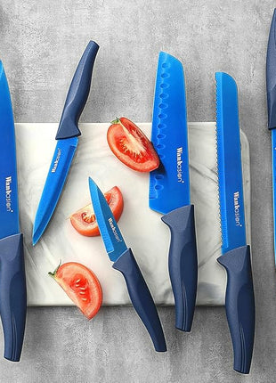 Wanbasion 7 Piece Blue Kitchen Knife Set with Magnetic Strip, Kitchen Knife Set Stainless Steel, Sharp Knife Set for Kitchen for Meat Vegetable Cutting