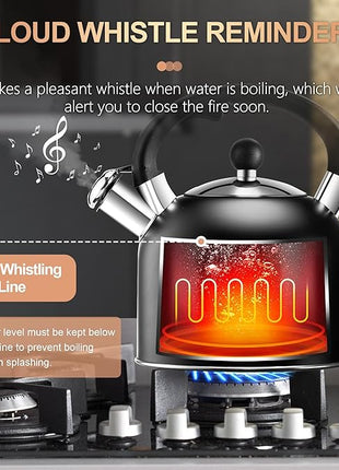 SUSTEAS Tea Kettle - 3.17QT Whistling Kettle with Ergonomic Handle - Premium Stainless Steel Tea Pots for Stove Top, Chic Vintage Teapot with Composite Base, Work for All Stovetops (Black)