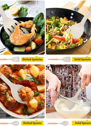 Pack of 4 Silicone Cooking Utensils Set, Non Stick Solid Spatulas and Heat Resistant Slotted Spoons with Wooden Handle, Ideal Wood Kitchen Utensils Set for Frying,Serving,Turning,Stirring (KHAKI)