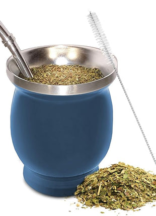 Norte Yerba Mate Cup Kit, 8-Ounces Traditional Mate Tea Cup/Gourd Set | Includes 2 Bombillas (Yerba Mate Straw) & Cleaning Brush, Stainless Steel Cup, Double-Walled, Easy to Clean | Blue