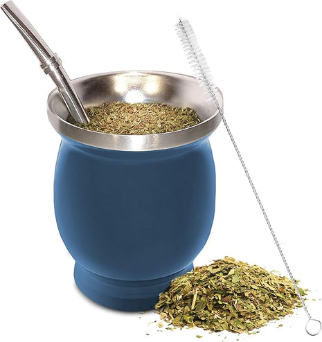 Norte Yerba Mate Cup Kit, 8-Ounces Traditional Mate Tea Cup/Gourd Set | Includes 2 Bombillas (Yerba Mate Straw) & Cleaning Brush, Stainless Steel Cup, Double-Walled, Easy to Clean | Blue