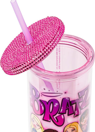 Silver Buffalo Bratz Featuring Cloe, Yasmin, Jade, and Sasha Plastic Tall Cold Cup with Rhinestones Lid and Straw, 20 Ounces