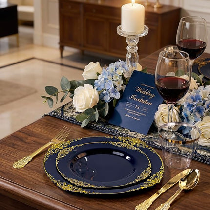 Nervure 350Pcs Blue Plastic Plates - Blue Gold Plastic Dinnerware Sets for 50 Guests - 100 Navy Gold Disposable Plates, 50 Pre Rolled Silverware, 50 Cups Perfect for Wedding & Party