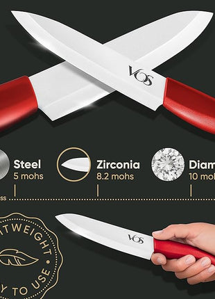Vos Ceramic Knife Set, Ceramic Knives Set For Kitchen, Ultra Sharp Kitchen Knife Set with Covers, 3" 4" 5" 6" Paring, Santoku, Chef Knife & Utility, Lightweight, Dishwasher safe (Red with Block)