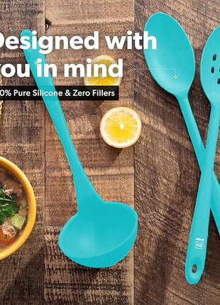 DI ORO Silicone Ladle & Spoons for Cooking – Large Kitchen Spoons for Mixing, Serving, & Stirring - Soup Ladle with Wide Bowl - High Heat Silicone Kitchen Utensils for Nonstick Cookware Safe (Teal)