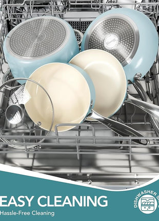 MICHELANGELO Pots and Pans Set Non Stick Ceramic Cookware Set, 8-Piece Nonstick Pots and Pans, Non-Toxic, Oven Safe & Compatible with All Stovetops - Blue