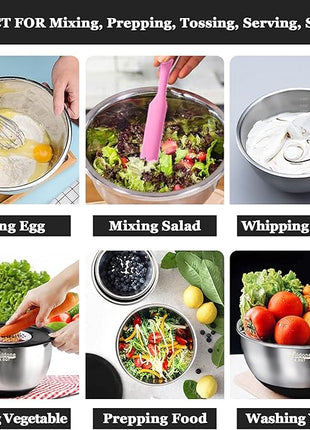 Wildone Mixing Bowls with Airtight Lids, 22 PCS Stainless Steel Nesting Bowls, with 3 Grater Attachments, Scale Marks & Non-Slip Bottom, Size 5, 4, 3, 2,1.5, 0.63QT, Ideal for Mixing & Prepping