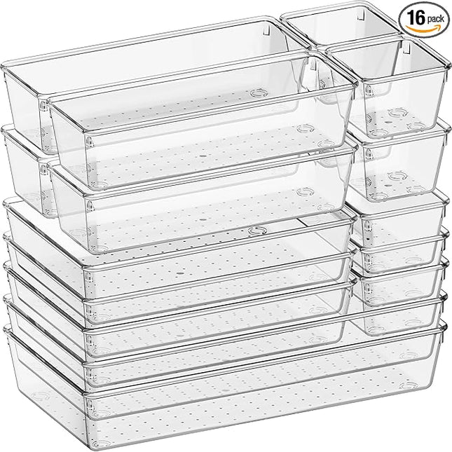 Criusia 16 Pack Large Clear Plastic Drawer Organizer Bins - 5 Size Acrylic Bathroom and Vanity Organizers and Storage Trays for Makeup Office Home, Kitchen Drawer Organizer for Utensils, Gadgets