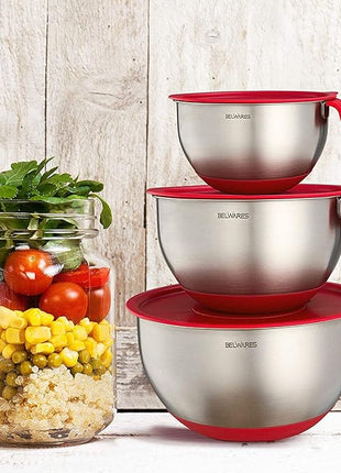 Belwares Mixing Bowls with Lids Set - 3-Piece Stainless Steel Nesting Bowls with Graters, Handles, and Airtight Lids - Non-Slip Mixing Bowls for Cooking, Baking, Prepping, and Food Storage (Red)