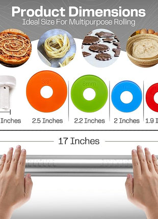 17 Inch Adjustable Stainless Steel Rolling Pin with 4 Thickness Rings & Non-Stick Pastry Mat – Professional Dough Roller for Pizza, Cookies, Pasta & Pies - Red
