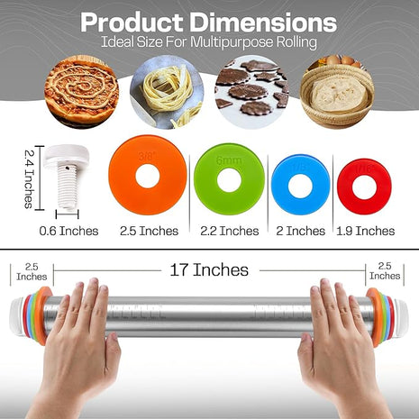 17 Inch Adjustable Stainless Steel Rolling Pin with 4 Thickness Rings & Non-Stick Pastry Mat – Professional Dough Roller for Pizza, Cookies, Pasta & Pies - Red