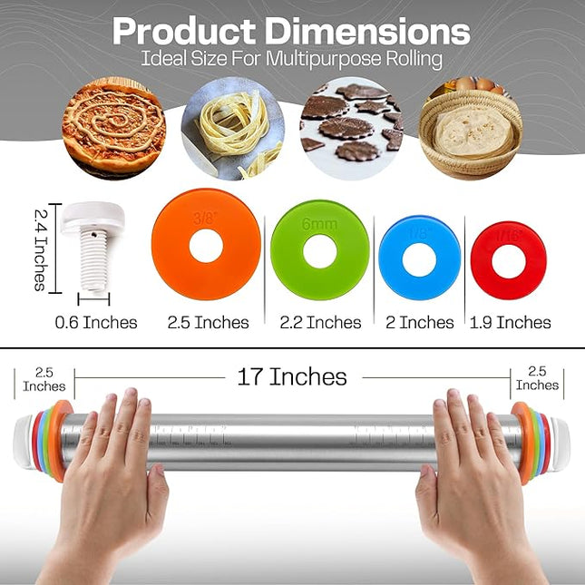 17 Inch Adjustable Stainless Steel Rolling Pin with 4 Thickness Rings & Non-Stick Pastry Mat – Professional Dough Roller for Pizza, Cookies, Pasta & Pies - Black