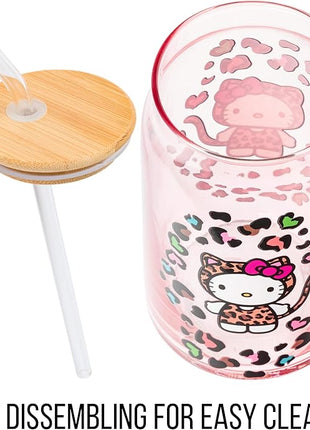 Silver Buffalo Sanrio Hello Kitty in Leopard Print Outfit and Leopard Cat Print Pattern Pink Glass Jar Tumbler with Bamboo Lid and Glass Straw, 16 Ounces
