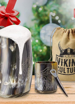 Viking Culture Ox Horn Mug, Shot Glass, and Bottle Opener (3 Pc Set) Authentic 16-oz. Ale, Mead, and Beer Tankard | Vintage Stein with Handle | Custom Intricate Design - Polished Finish | Wolf/Fenrir