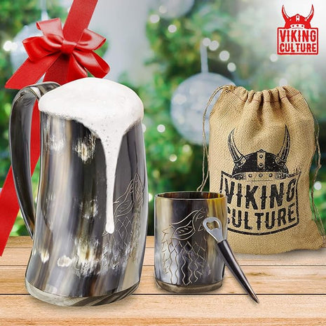 Viking Culture Ox Horn Mug, Shot Glass, and Bottle Opener (3 Pc Set) Authentic 16-oz. Ale, Mead, and Beer Tankard | Vintage Stein with Handle | Custom Intricate Design - Polished Finish | Wolf/Fenrir