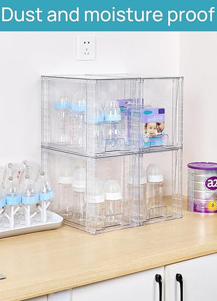 Vtopmart 4 Pack Clear Stackable Storage Drawers,9.7" High Plastic Organizers Bins for Skincare, Bathroom Supplies,Ideal for Cabinet,Undersink,Vanity,Kitchen,Pantry Organization