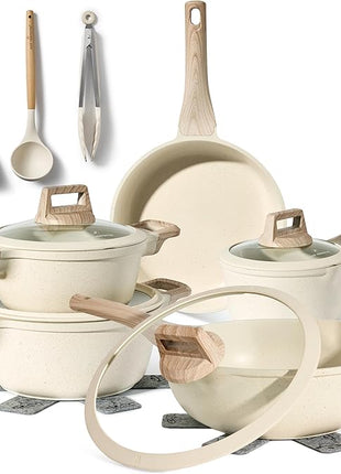 JUST PERFECTO Induction Pots Set - Pan Set with Lid - Induction Pots Set - Pots & Pans Set without PTFE and PFOA - Cookware Pot Set Induction 14Pcs (light beige)