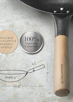 Mammafong Round Bottom 14-inch Traditional Carbon Steel Wok Pan - Authentic Hand Hammered Woks and Stir Fry Pans - Pow Wok with no chemical coating