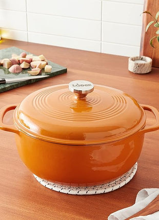 Lodge 6 Quart Enameled Cast Iron Dutch Oven with Lid – Dual Handles – Oven Safe up to 500° F or on Stovetop - Use to Marinate, Cook, Bake, Refrigerate and Serve – Apricot