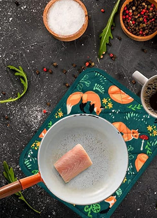 Pot Holders Set of 2 Heat Resistant 480℉ Kitchen 100% Cotton Comfortable Lining Printing Fox Flower Women Men Home Cooking Baking Microwave BBQ Gift(Fox Flower)