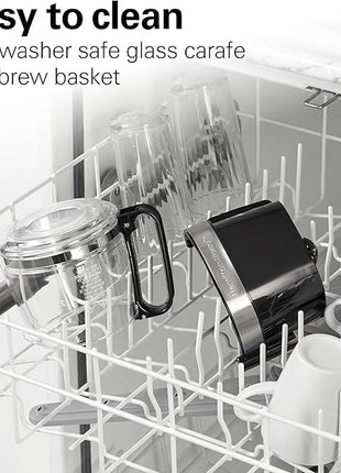 Hamilton Beach 5 Cup Drip Coffee Maker with Easy FrontFill Basket, Compact Design, Works with Smart Plugs, Glass Carafe, Auto Pause and Pour, Black & Stainless Steel (46112)