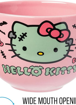 Silver Buffalo Sanrio Hello Kitty Halloween Spooky Frankenstein Ceramic Ramen Bowl with Chopsticks, Microwave Safe, 20 Ounces