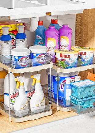 Delamu 2-Tier Multi-Purpose Bathroom Under Sink Organizers and Storage, Stackable Kitchen Pantry Organization, Pull Out Medicine Cabinet Organizer with Movable Dividers, Beige, 2 Pack