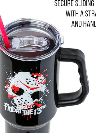 Silver Buffalo Friday The 13th Stainless Steel Tumbler with Handle Featuring Jason Voorhees’s Splatter Mask, Fits in Standard Cup Holder, 40 Ounces