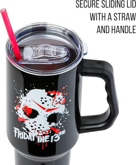 Silver Buffalo Friday The 13th Stainless Steel Tumbler with Handle Featuring Jason Voorhees’s Splatter Mask, Fits in Standard Cup Holder, 40 Ounces
