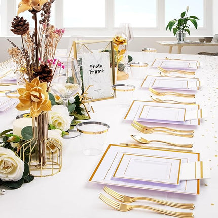 Festiva 176Pcs Gold Plates Disposable - Square Party Plates Dinnerware Sets - include Cups,Plastic Cutlery,Hand Napkins，Tablecloth for 25 Guests Party&Wedding&Christmas&Thanksgiving