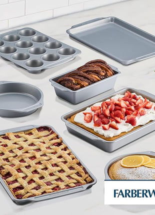 Farberware Bakeware Nonstick Baking Pans with Baking Sheets, Cake Pans, Meatloaf/Bread Pan, and Muffin Pan, 7 Piece Bakeware Set - Gray