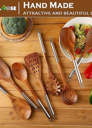 Wooden Spoons for Cooking with Utensils Holder, 10-Pieces Wooden Utensil Set Non-Stick, Natural Teak Cookware Wooden Cooking Spurtle Set, with Stainless Steel Handle