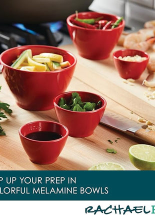 Rachael Ray Pantryware Nesting Mixing Bowls with Built-in spouts and Handles and Measuring Cups For Space-saving storage, Utensil Set, Dishwasher Safe, 10 Piece, Red