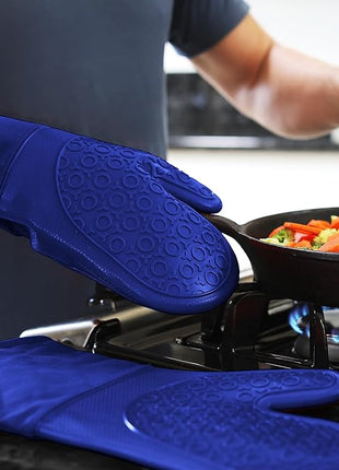 BPA-Free Soft Silicone Oven Mitts - Ultra Heat Resistant Oven Mitts with Thick Cotton Liner - Long Slip Resistant Pot Holders, Flexible Oven Gloves - Royal Blue 13.7"
