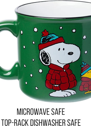 Silver Buffalo Peanuts Christmas Snoopy and Woodstock Puffer Jacket in Snow Ceramic Camper Mug, 20 ounces