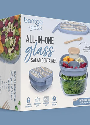 Bentgo Glass Prints All-in-One Salad Container - 61oz Tinted Glass Salad Bowl with Lid, Bento-Style Tray, Sauce Container, & Reusable Fork - Dishwasher & Microwave Safe (Wildly Chic - Soft Blue)